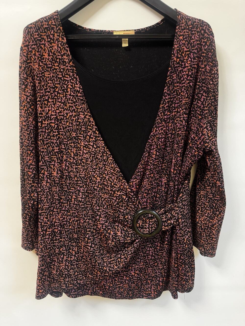 Choices XL Faux Wrap Buckle Accent Long Sleeve Blouse Top Black Pink